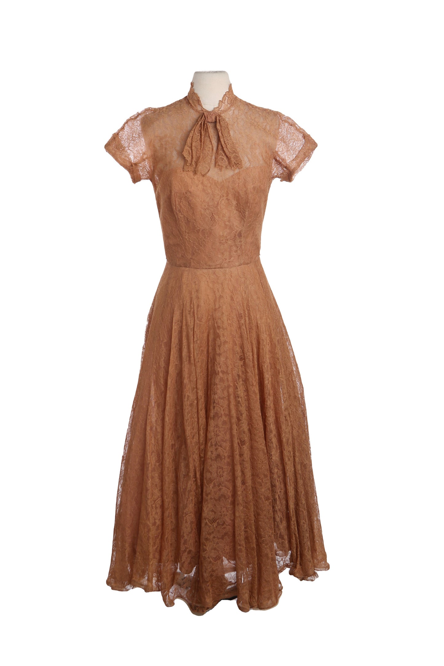 Vintage Brown Lace Dress - Floral Fabric Design - Era 1940's - 1950's