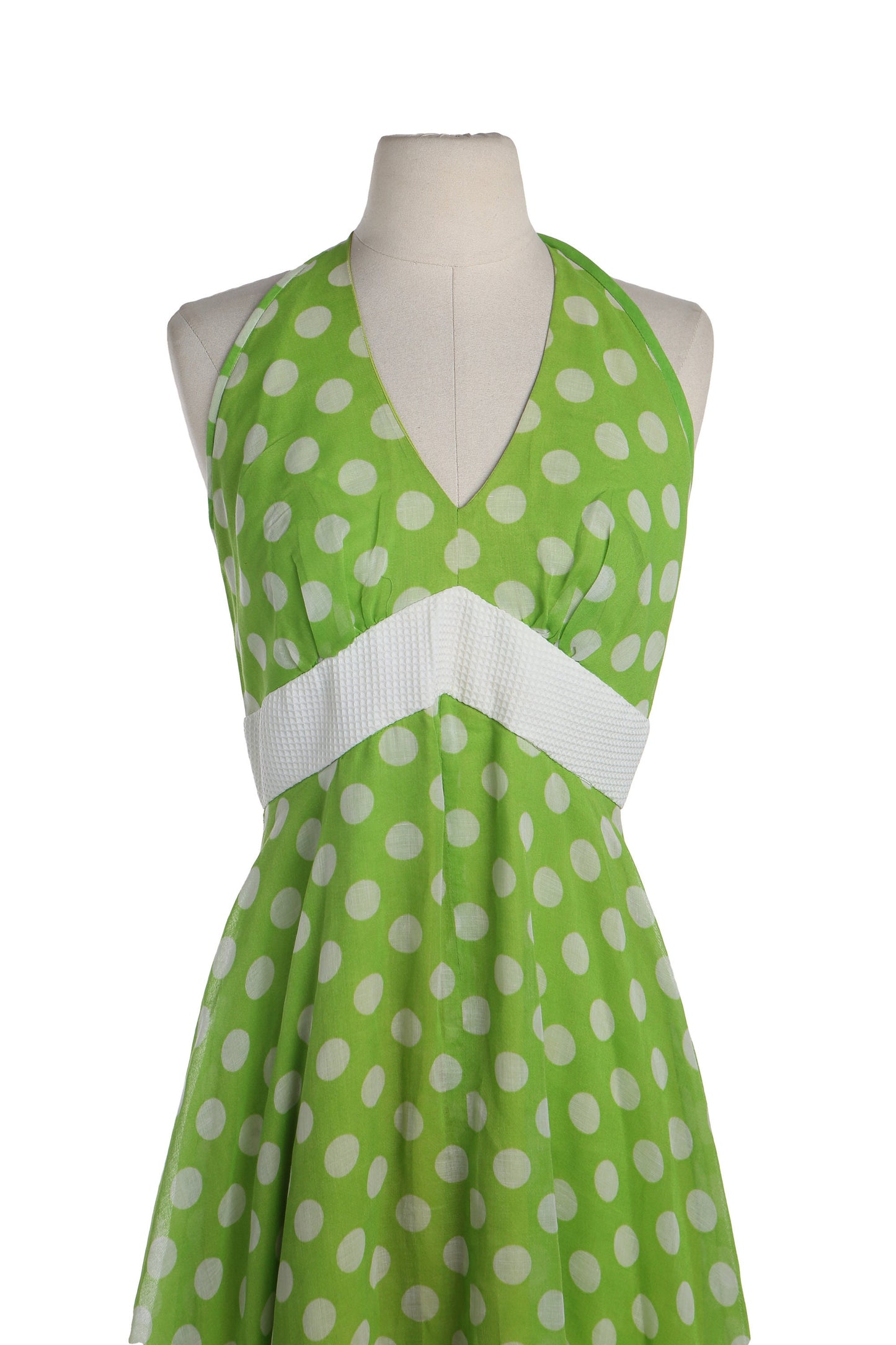 Vintage White Polka Dot Green Halter Summer Dress - Era 70's - 80's