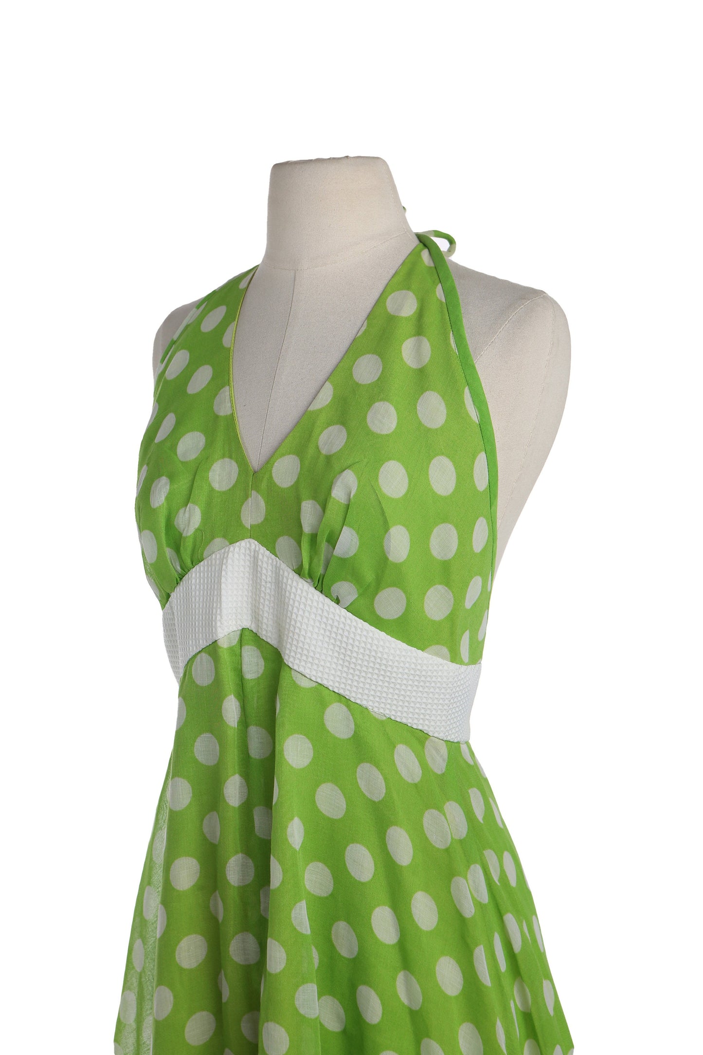Vintage White Polka Dot Green Halter Summer Dress - Era 70's - 80's