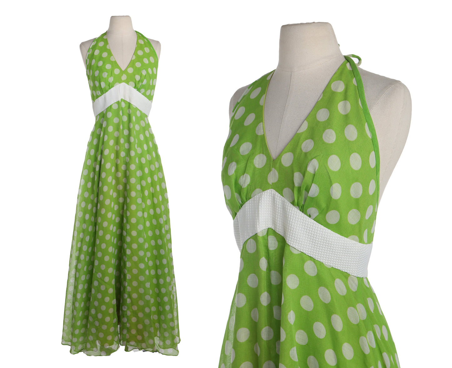 Vintage White Polka Dot Green Halter Summer Dress - Era 70's - 80's