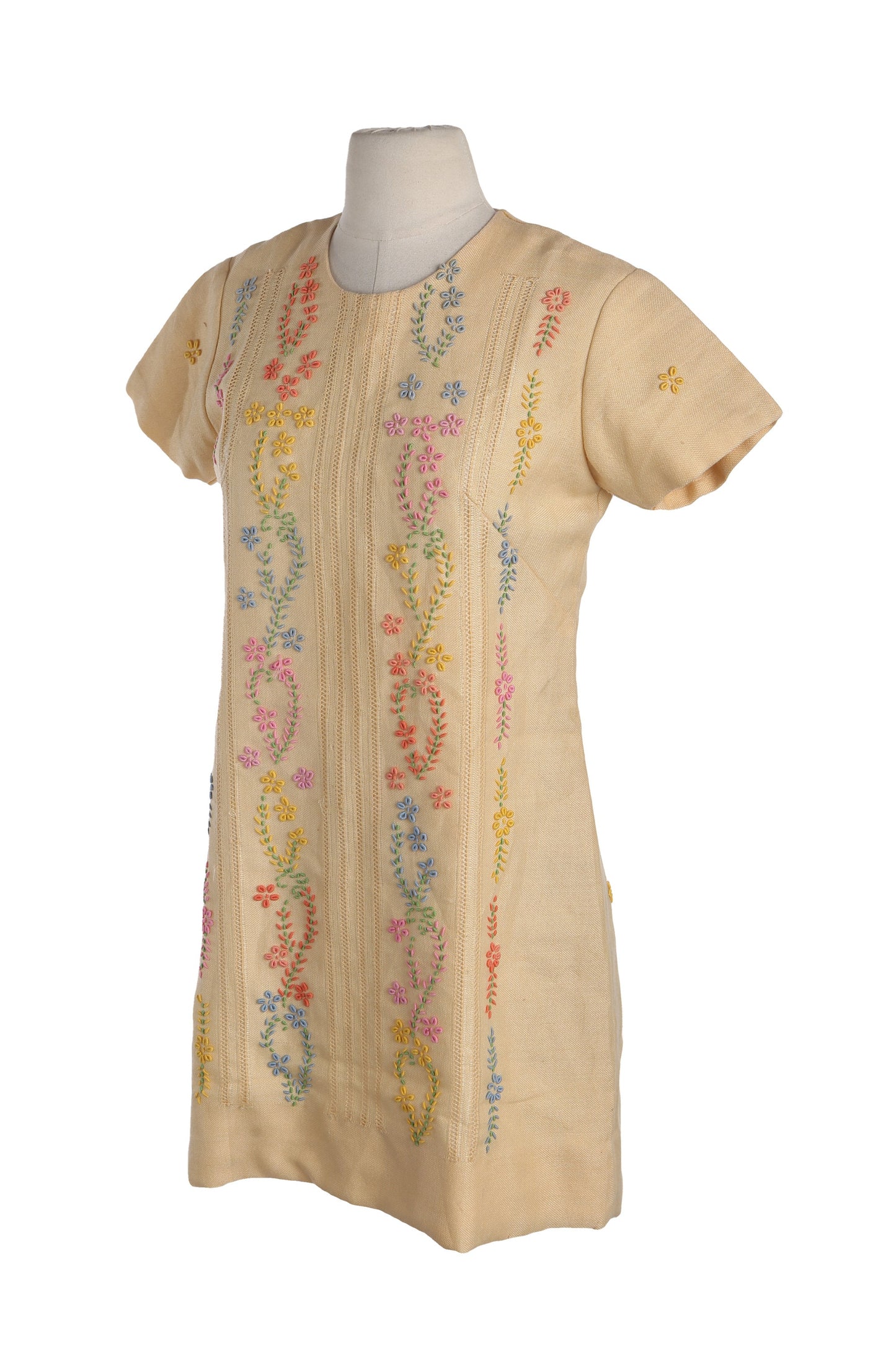 Vintage Women Floral Embroidery Yellow Mod Dress