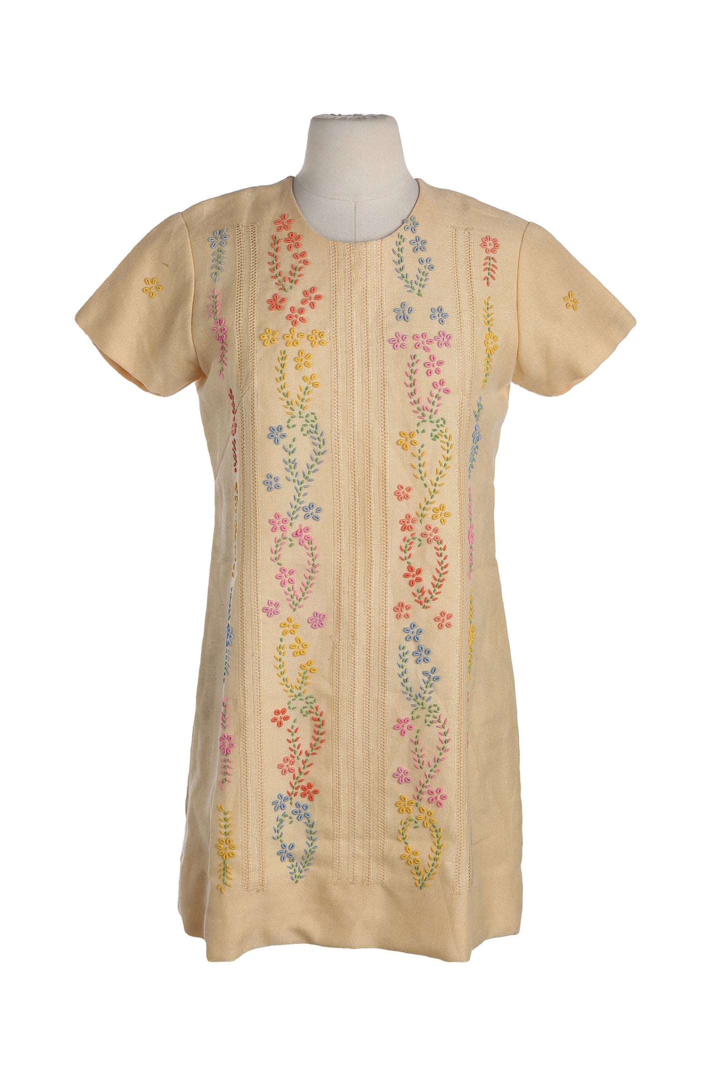 Vintage Women Floral Embroidery Yellow Mod Dress