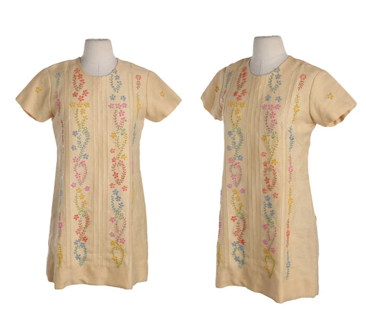 Vintage Women Floral Embroidery Yellow Mod Dress