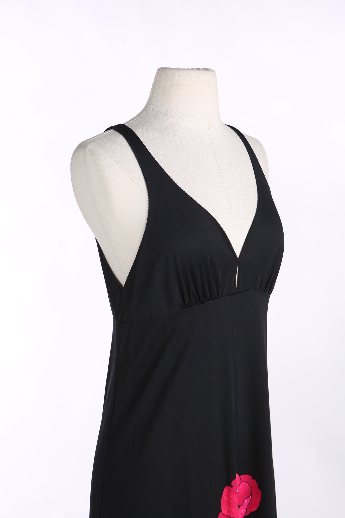 1970s Women Black Long Dress with Flower Print