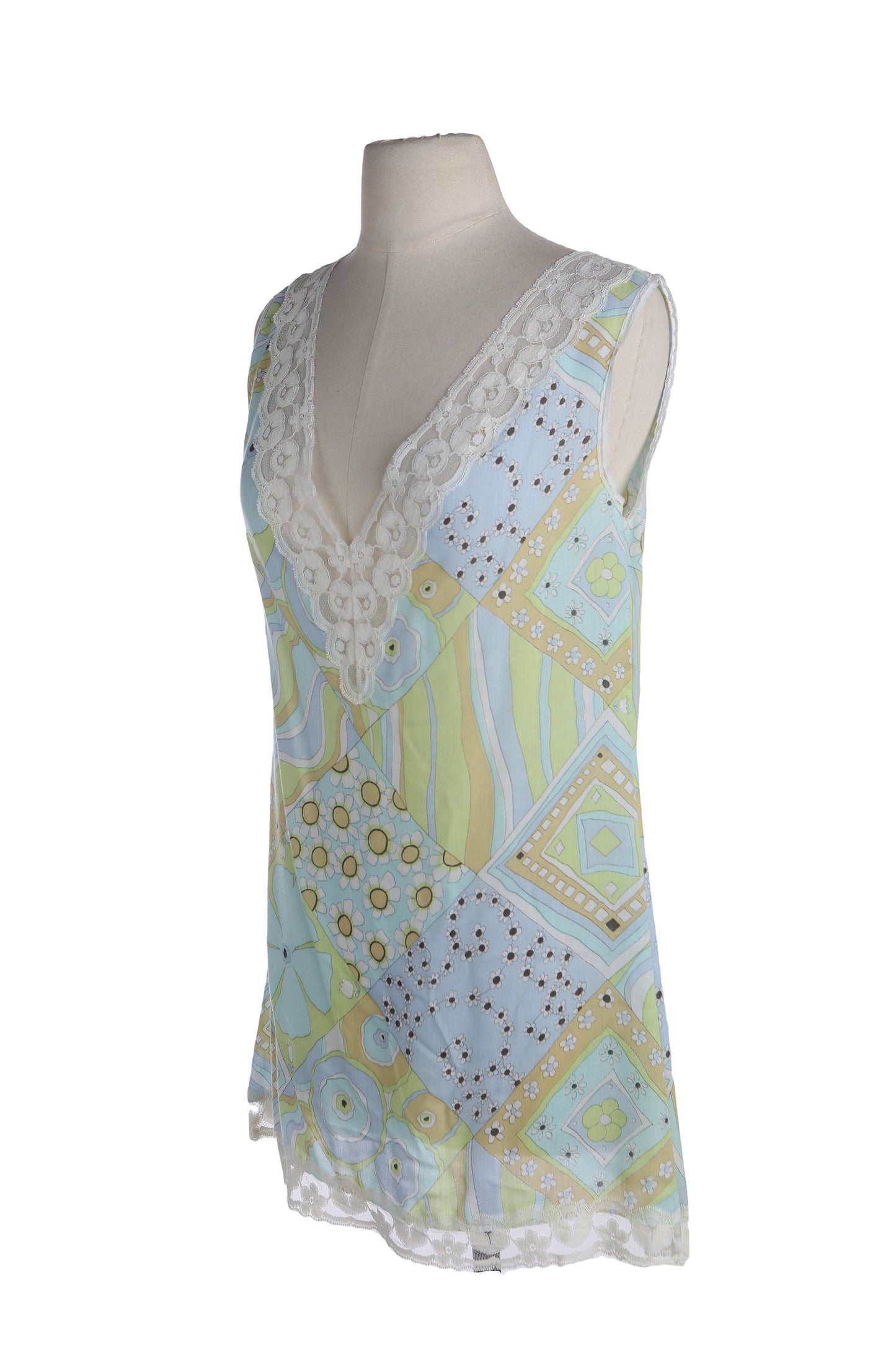 Vintage Women Floral and Geometric Slip Dress with White Lace Seams