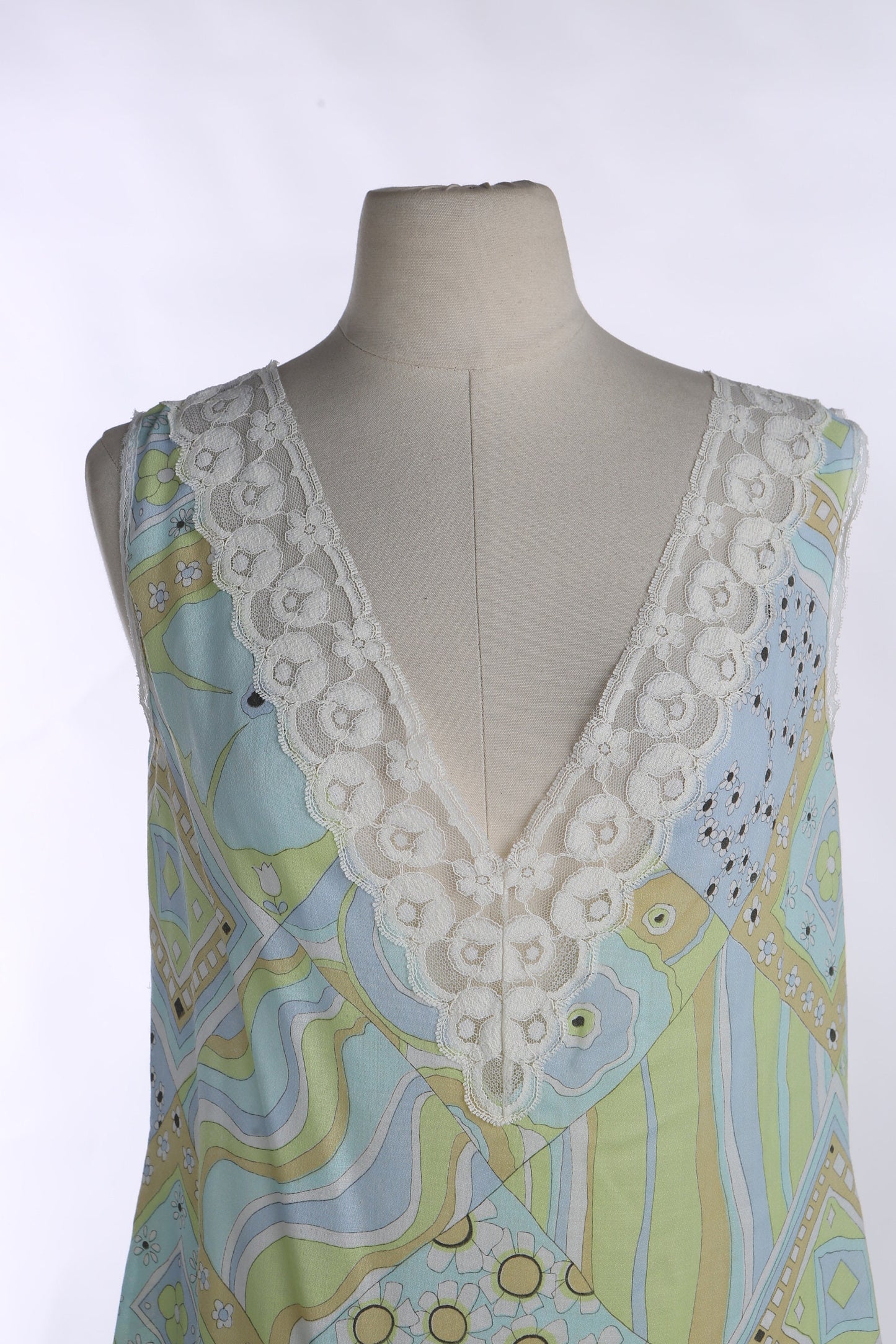 Vintage Women Floral and Geometric Slip Dress with White Lace Seams