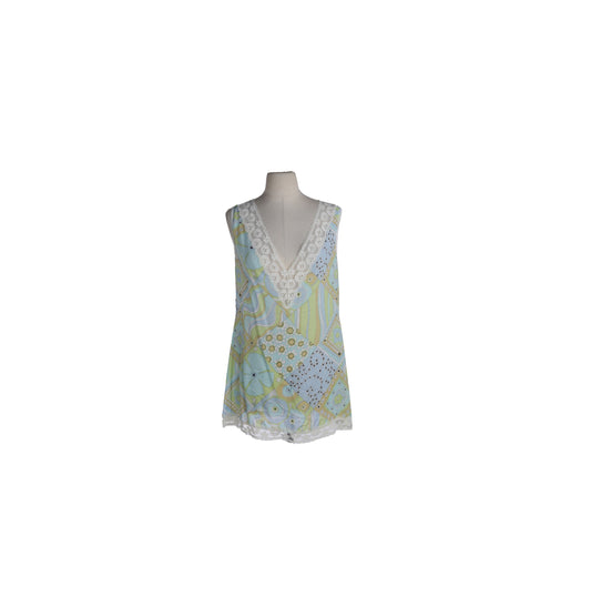 Vintage Women Floral and Geometric Slip Dress with White Lace Seams