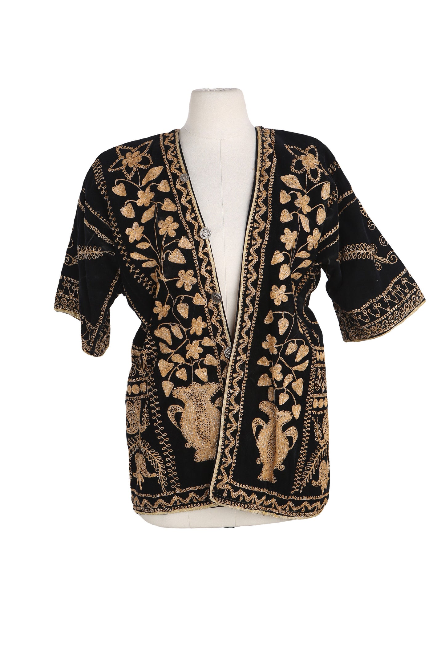 Vintage Boho Embroidered Black Top with Yellow and Golden Embroidery