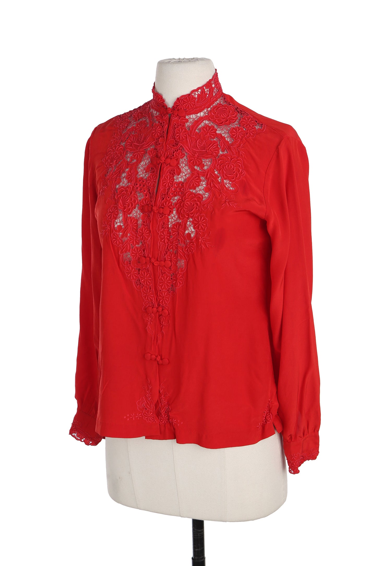 Vintage Red Cheongsam Silk Top with Floral Embroidered Details