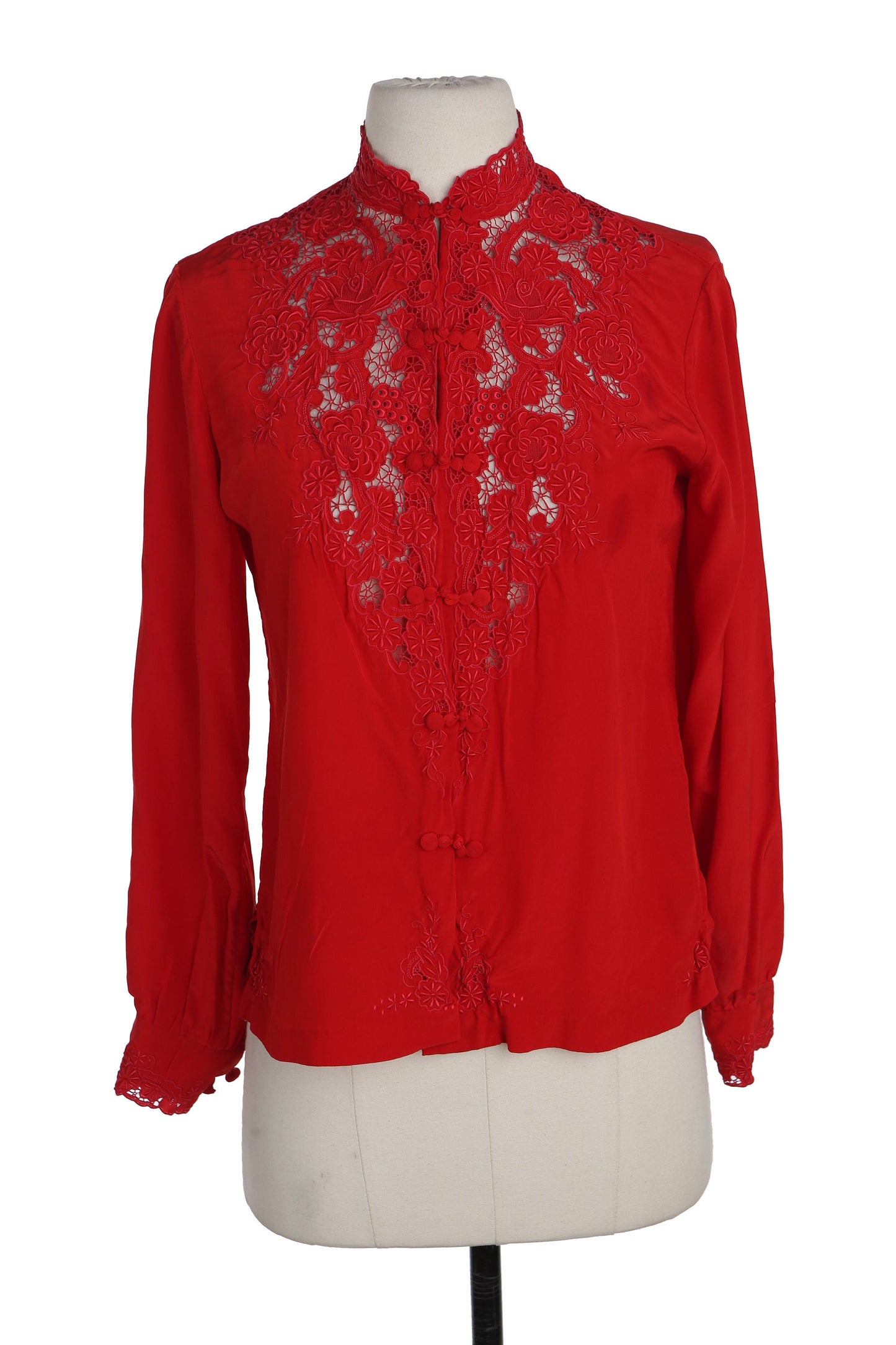 Vintage Red Cheongsam Silk Top with Floral Embroidered Details