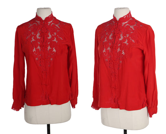 Vintage Red Cheongsam Silk Top with Floral Embroidered Details
