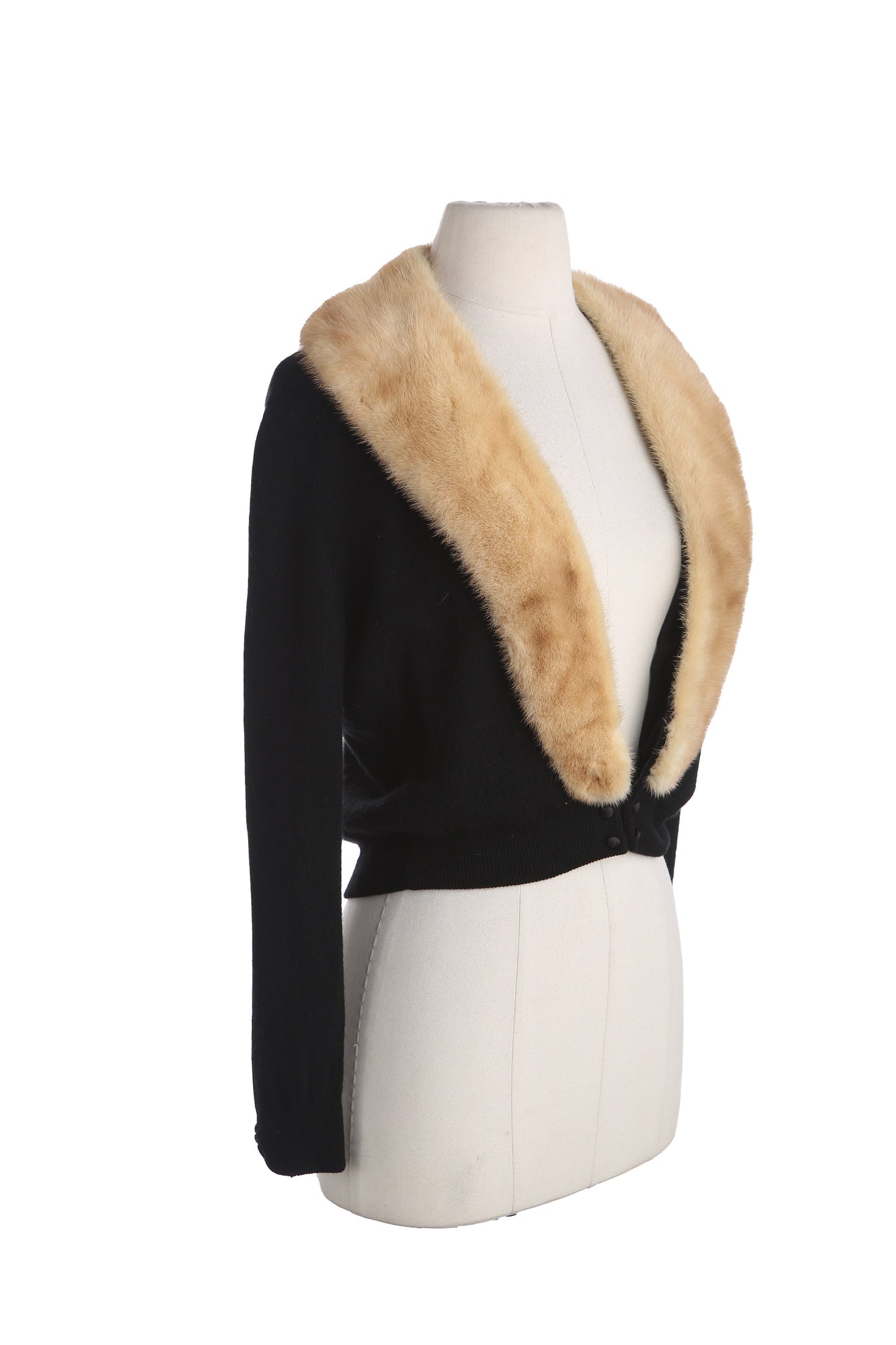 Vintage Women Black Cardigan Sweater with Beige Fur Collar