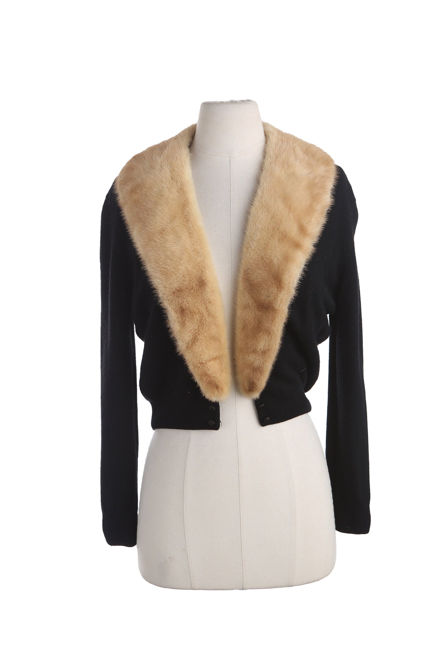 Vintage Women Black Cardigan Sweater with Beige Fur Collar