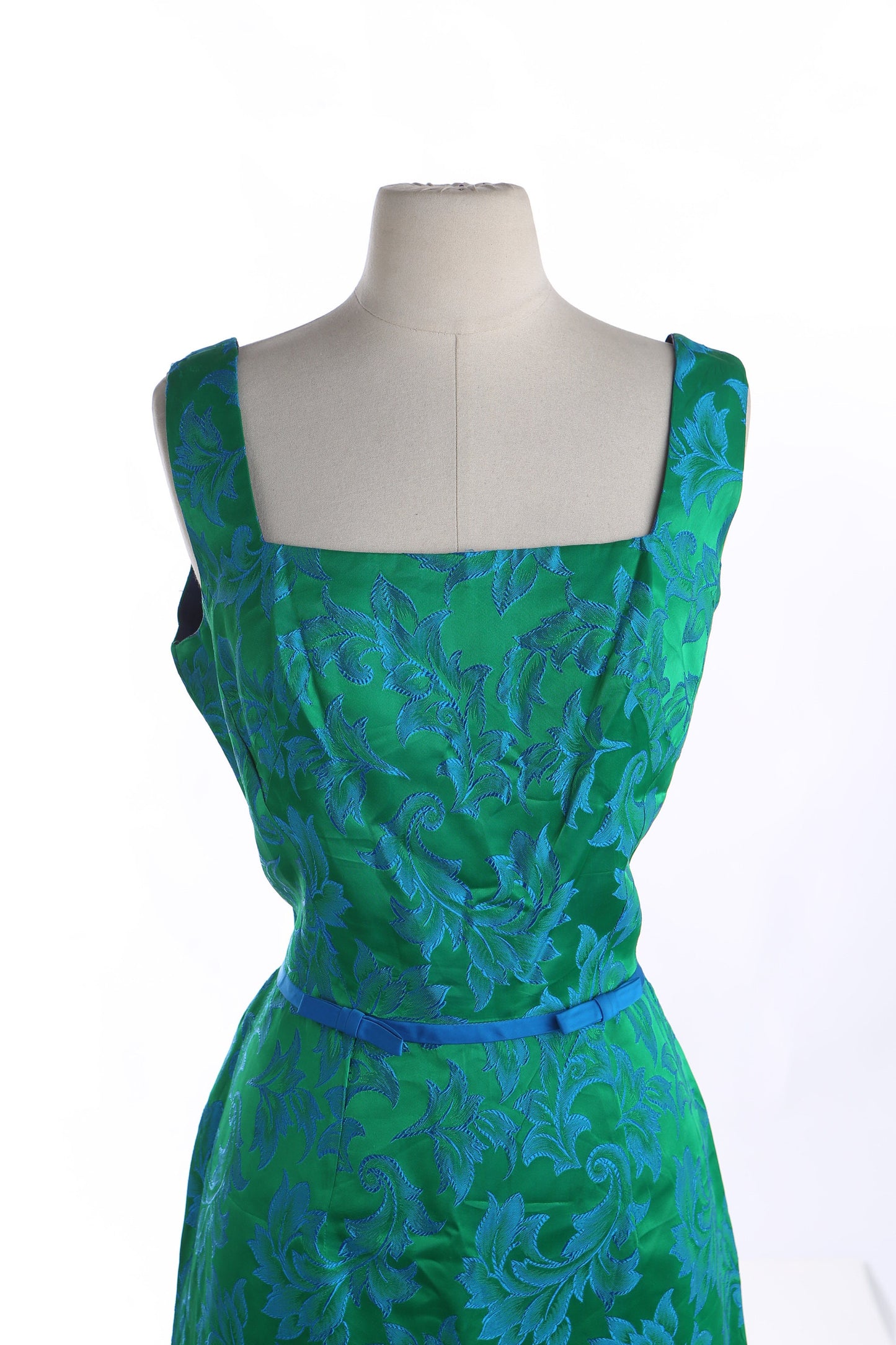 Vintage Lilli Diamond Green Evening Dress with Blue Leaves Fabric Pattern