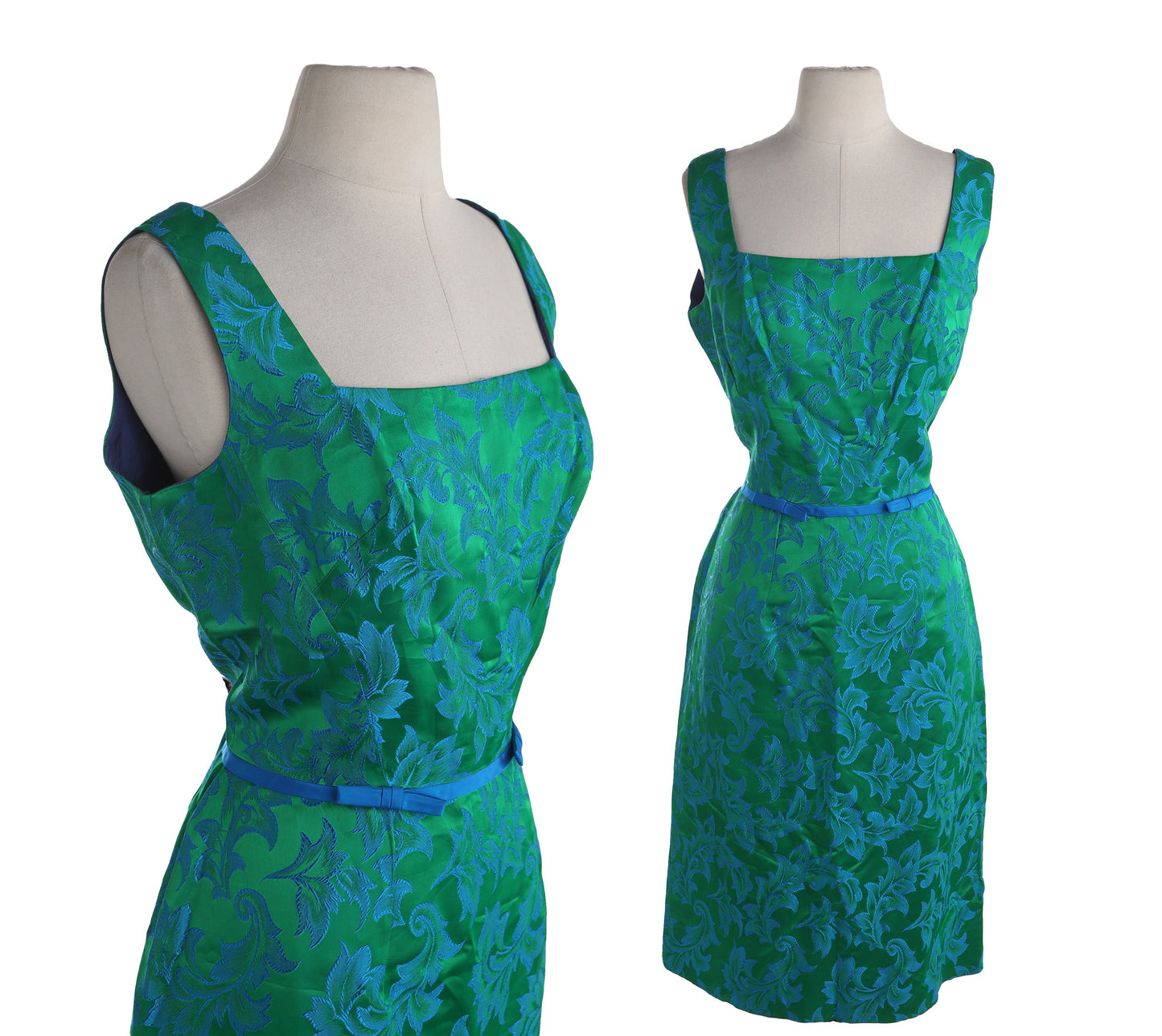 Vintage Lilli Diamond Green Evening Dress with Blue Leaves Fabric Pattern