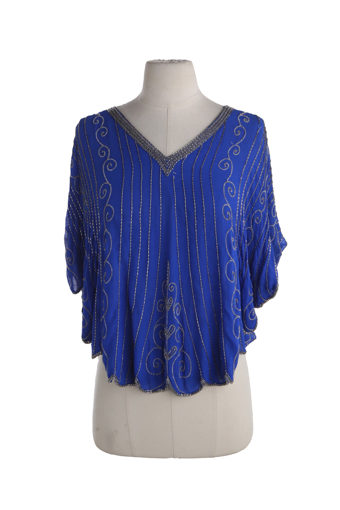 Vintage Women Blue Silk Oversized Blouse with Embroidered Beads by Swee Lo / Made in India / Era 1970s - 1980s