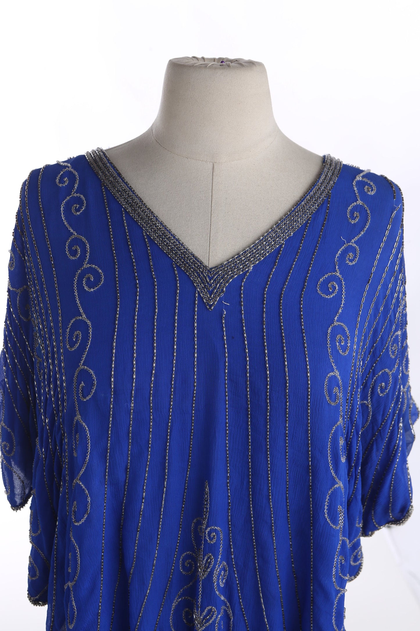 Vintage Women Blue Silk Oversized Blouse with Embroidered Beads by Swee Lo / Made in India / Era 1970s - 1980s