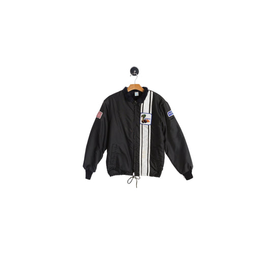 Vintage Black Nylon Racing Jacket with Cobra and USA Flag Patch