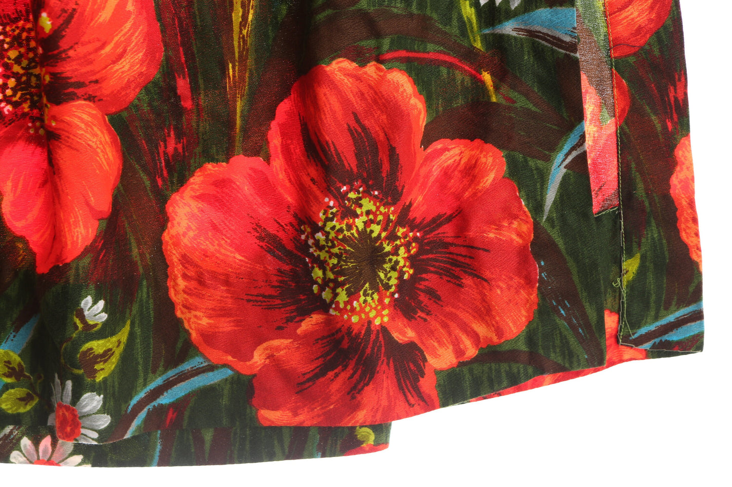Vintage Red Flowers Print Green Wrap Skirt
