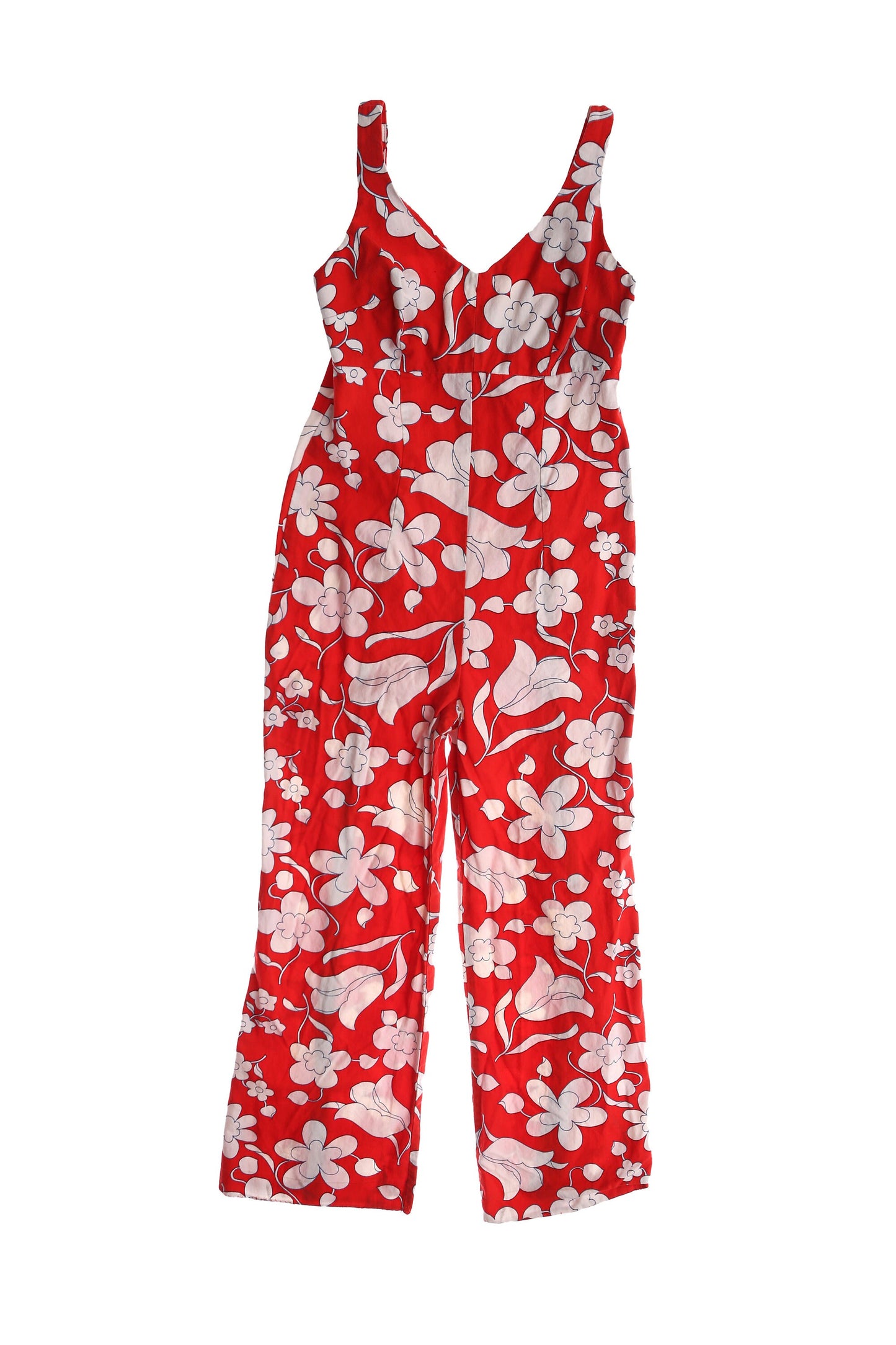Vintage White Floral Print Red Jumpsuit