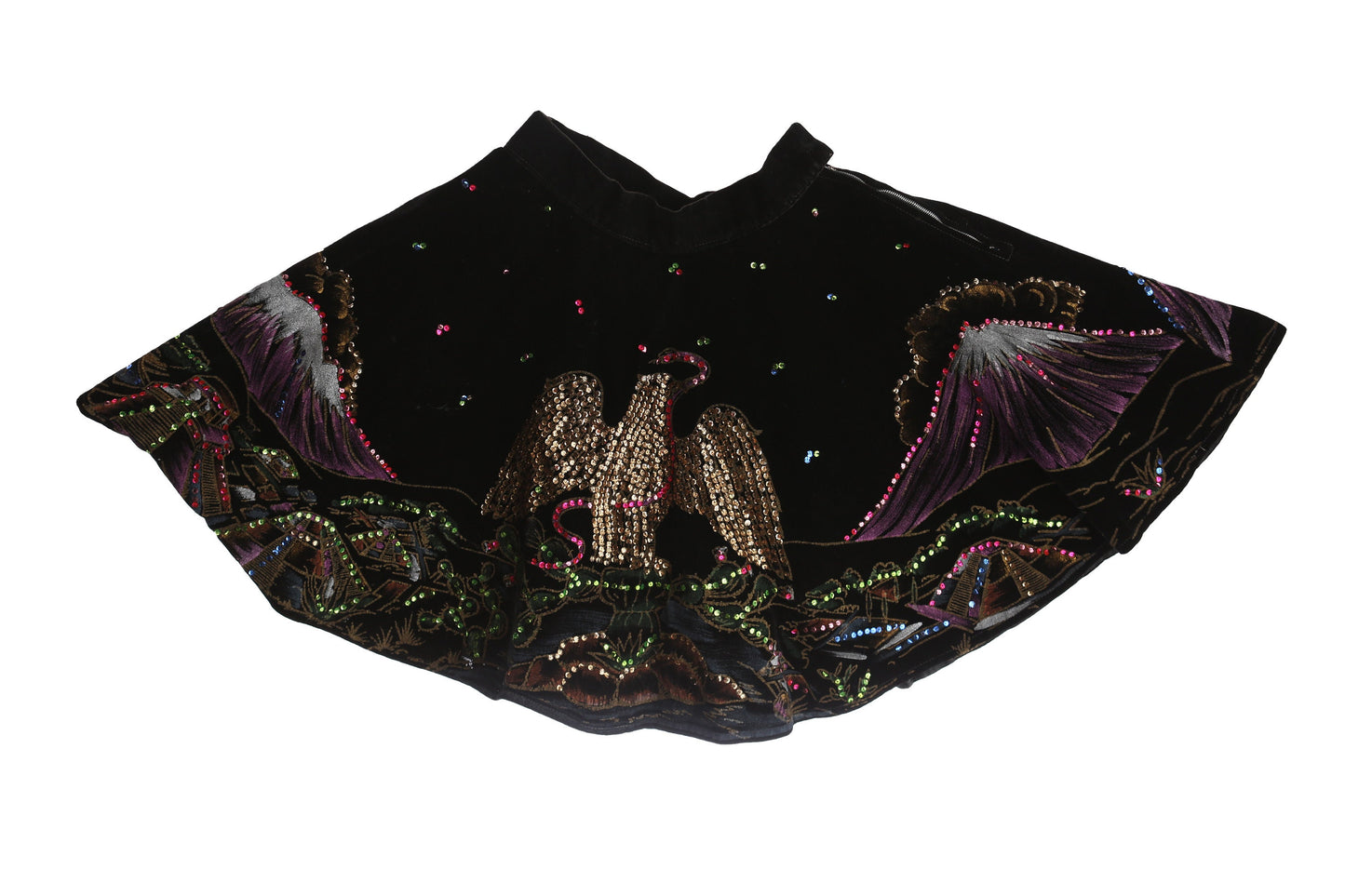 Vintage Mexican Skirt - Black Hand Painted Golden Sequin Eagle - Era 1940s - 1950s