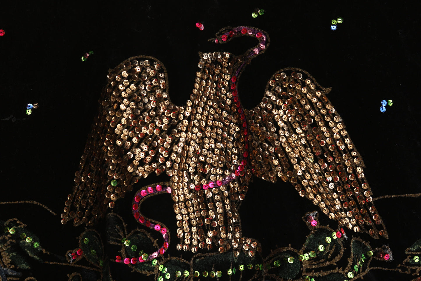 Vintage Mexican Skirt - Black Hand Painted Golden Sequin Eagle - Era 1940s - 1950s