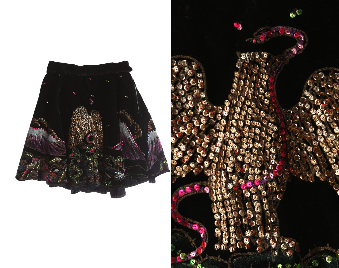 Vintage Mexican Skirt - Black Hand Painted Golden Sequin Eagle - Era 1940s - 1950s