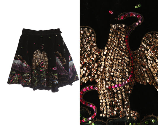Vintage Mexican Skirt - Black Hand Painted Golden Sequin Eagle - Era 1940s - 1950s