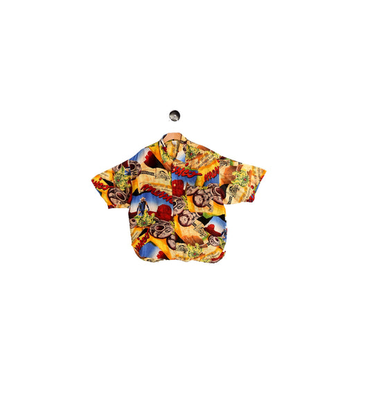 Vintage Silk Shirt - Short Sleeve - Yellow Farmer Ethnic Print - Era 90's - Y2K