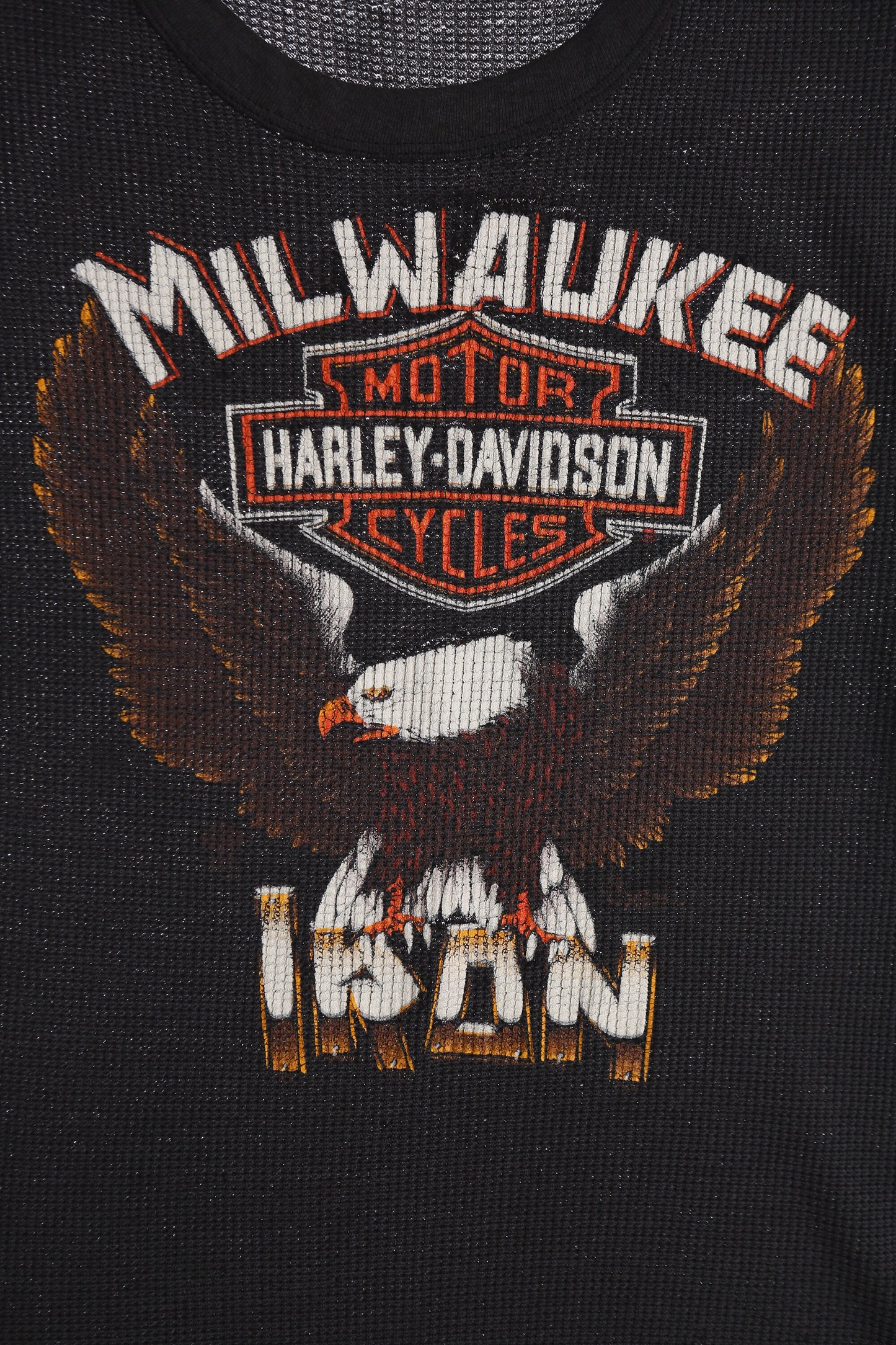 Vintage Harley Davidson Milwaukee Iron Graphic Sleeveless Black Thermal Shirt - Era 1970s - 1980s