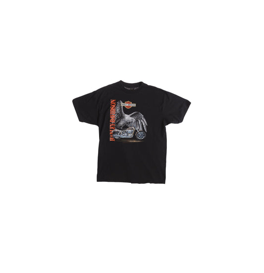 Harley Davidson 3D Emblem Black Graphic T-shirt with Silver Eagle and Motorcycle Print - HD Jeff Service - Helena Montana