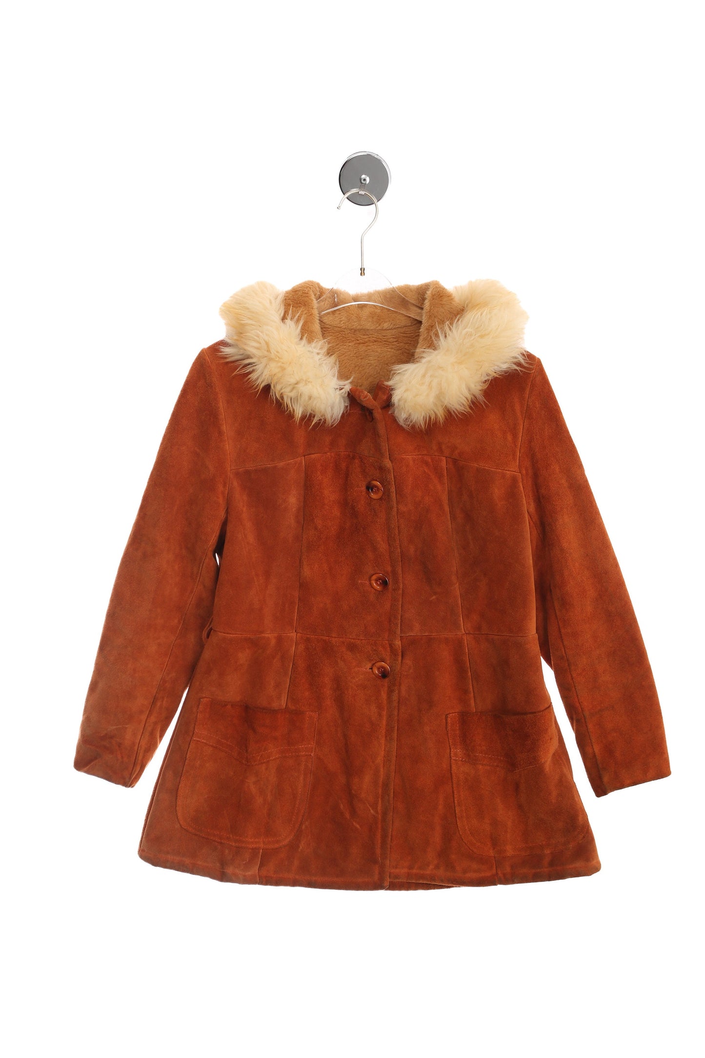 Vintage Women Hooded Suede Coat with Fur Seam