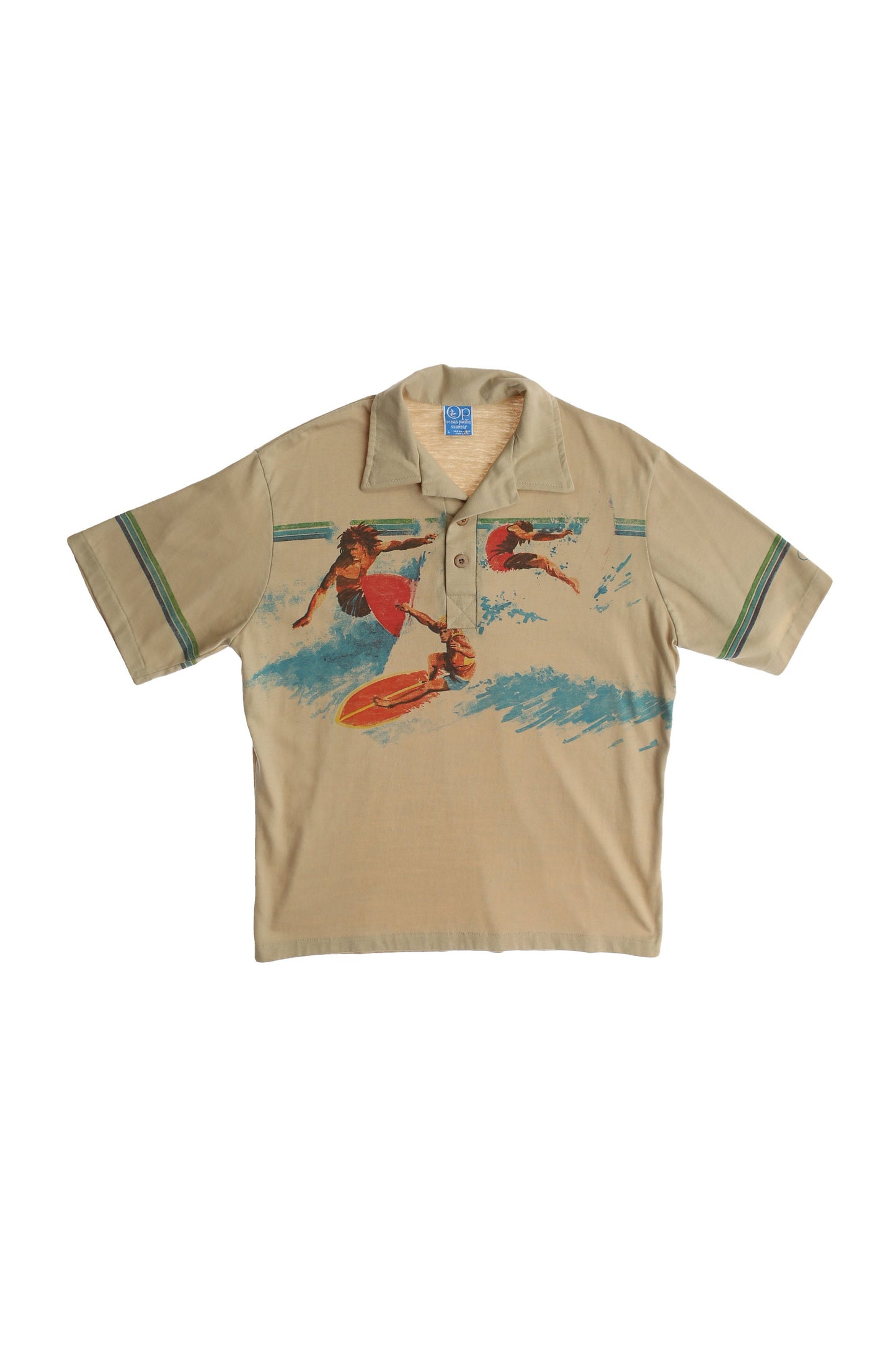 Vintage Op Beige Polo Shirt with Surfing Graphic Print