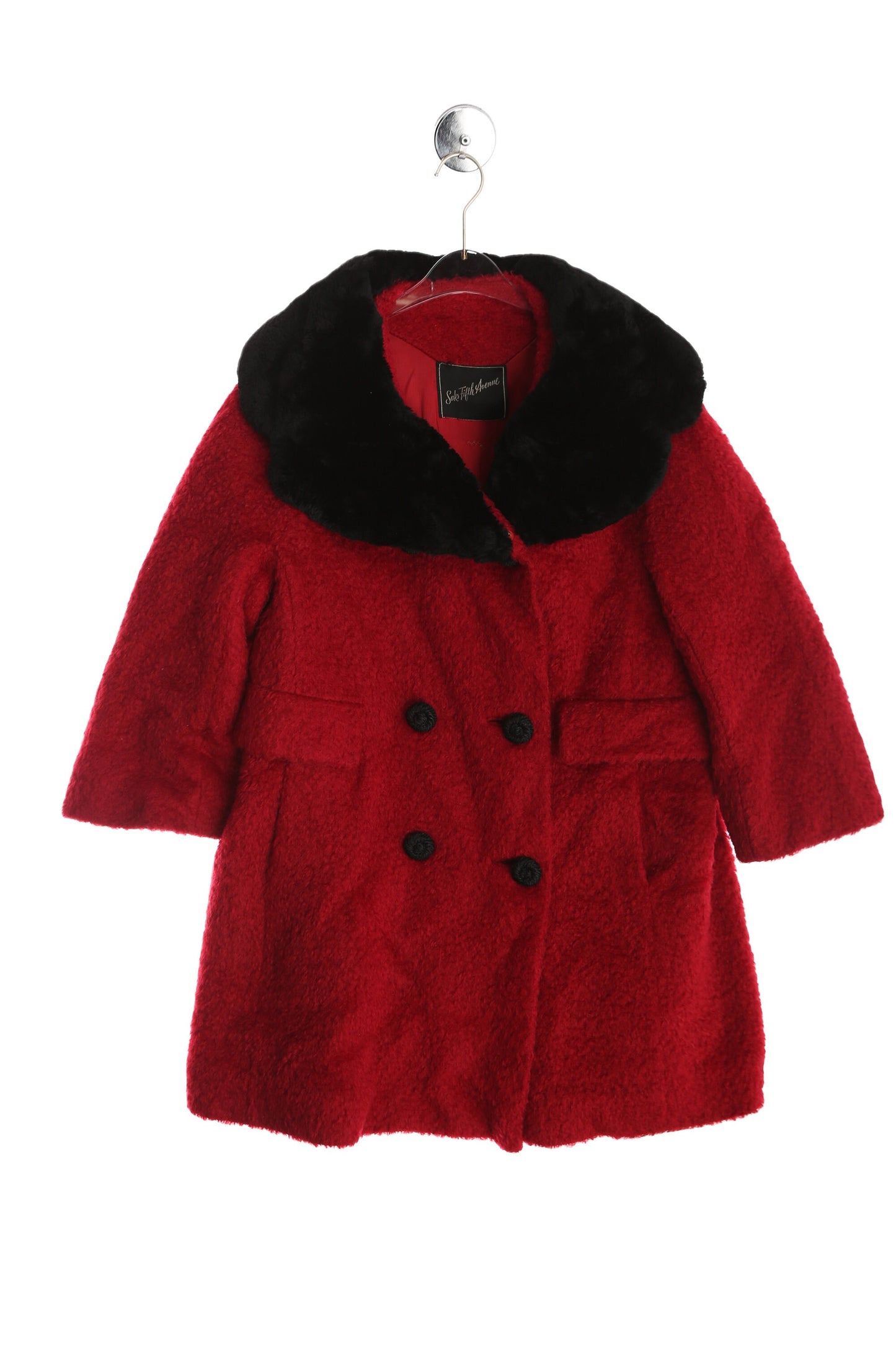 Vintage Women Red Winter Coat with Black Faux Fur Collar - Era 1950's 1960's