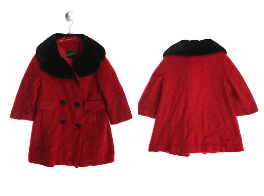 Vintage Women Red Winter Coat with Black Faux Fur Collar - Era 1950's 1960's