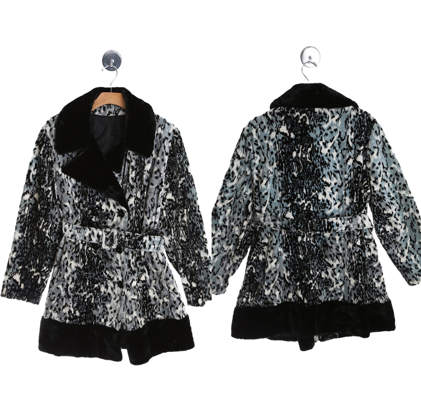 Vintage Women 1970's Gray Lepard Print Faux Fur Winter Coat