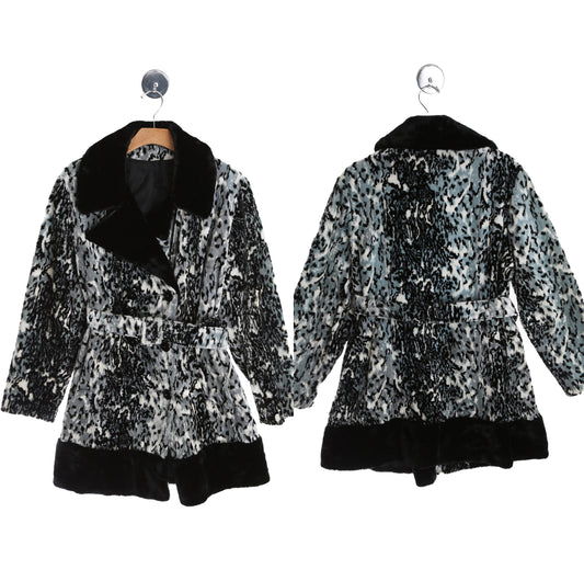 Vintage Women 1970's Gray Lepard Print Faux Fur Winter Coat