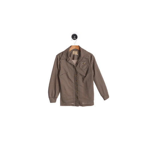 women 70's Browm Plaid Poly Casual Top