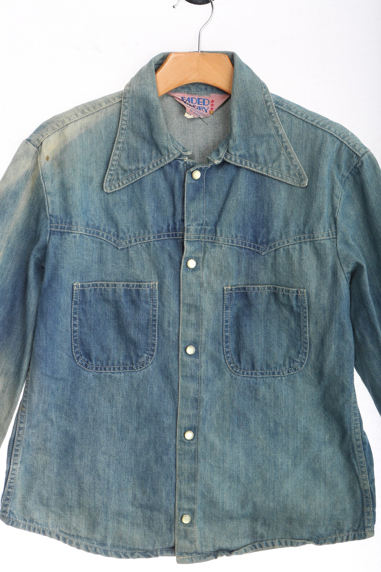 Vintage 1970's Faded Glory Blue Denim Shirt with Back Print