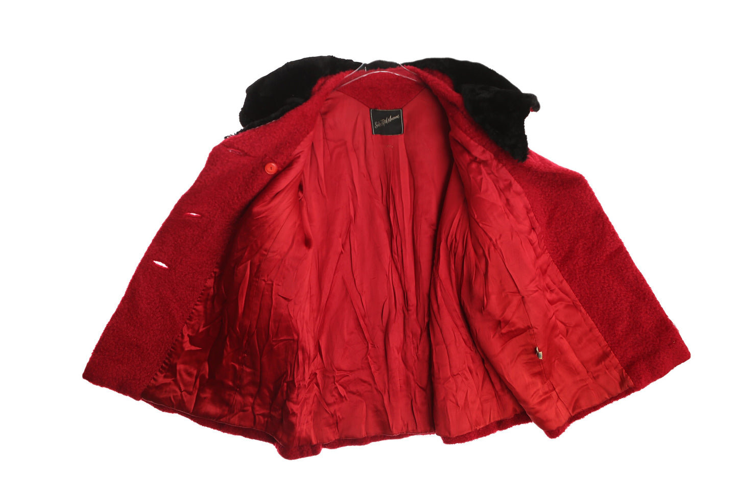 Vintage Women Red Winter Coat with Black Faux Fur Collar - Era 1950's 1960's