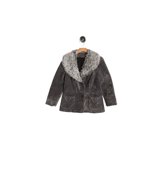 Women Gray Faux Fur Collar Velvet Blazer