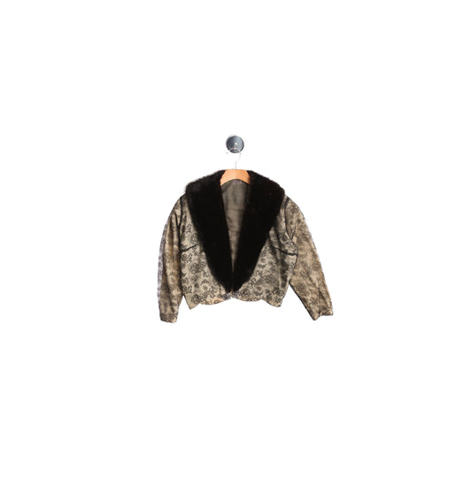 Woman Beige Cardigan Sweater with Black Fur Collar and Black Lace Floral Outside Lining