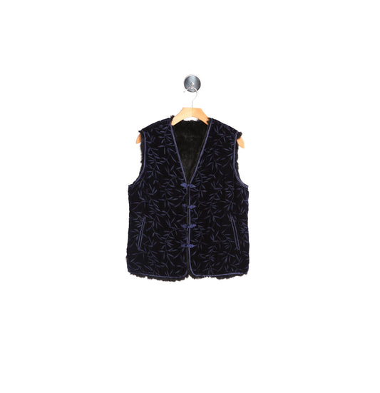 Woman Black fur Vest with Purple Velvet Leaves Desing Print