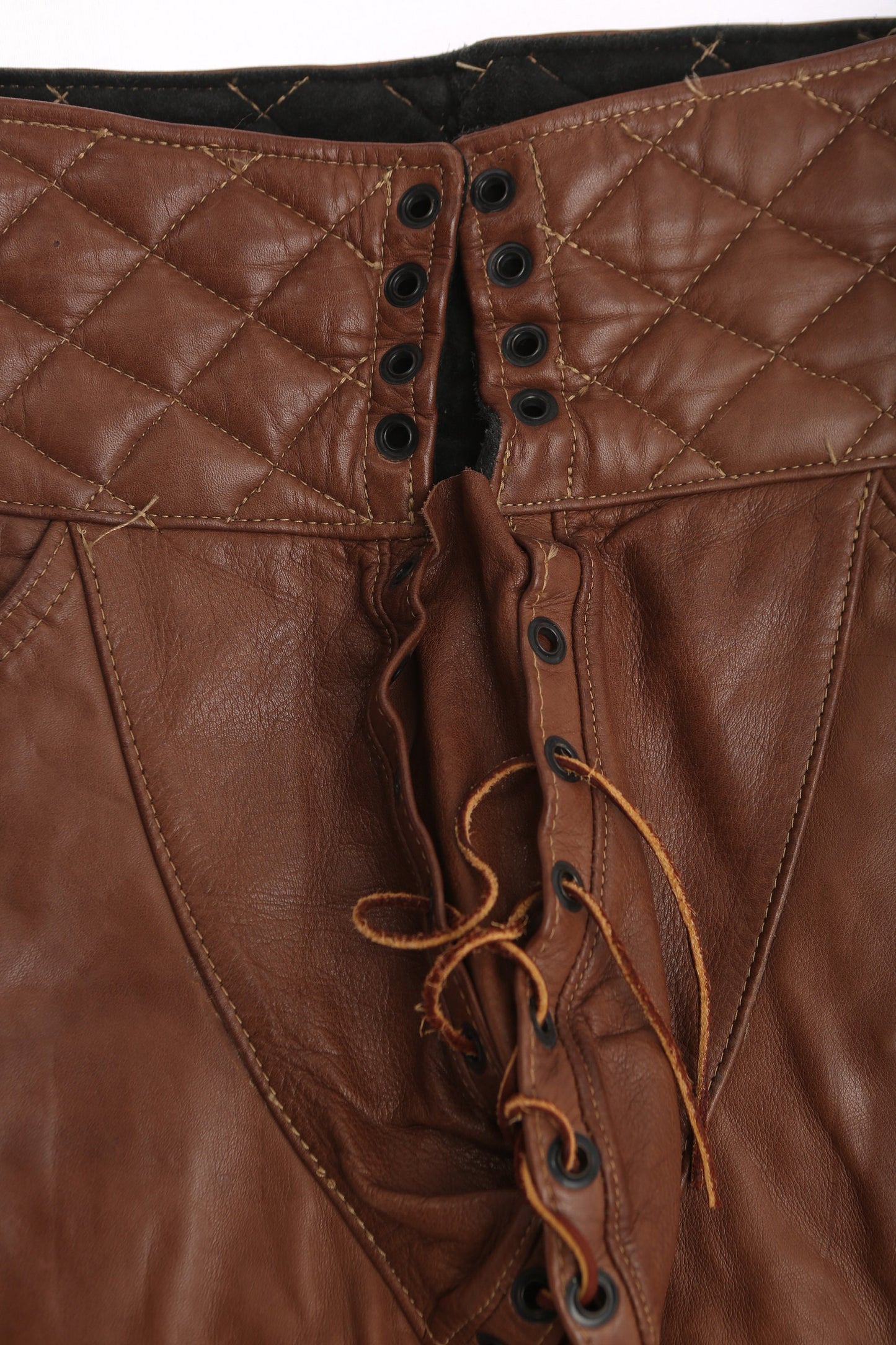 Vintage Men's High Waist Leather Born Pants with Side String Closures