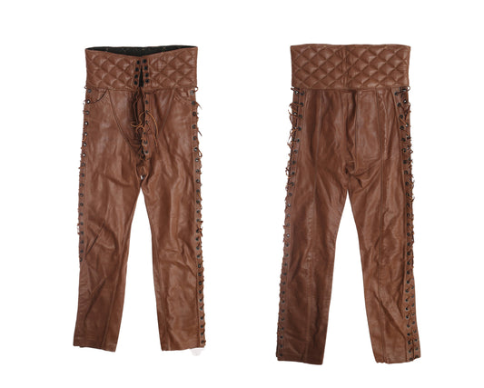 Vintage Men's High Waist Leather Born Pants with Side String Closures