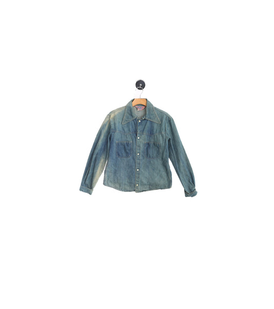 Vintage 1970's Faded Glory Blue Denim Shirt with Back Print