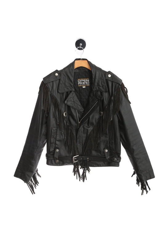 Vintage Biker Leather Jacket with Fringed Sleeves