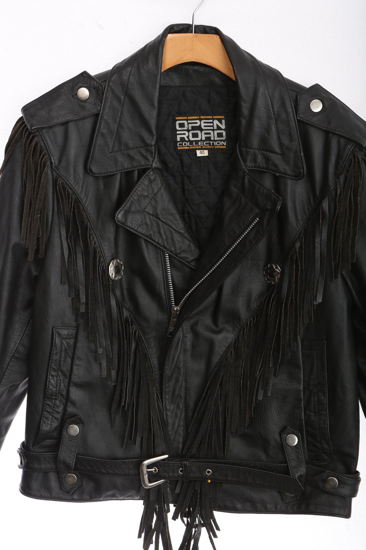 Vintage Biker Leather Jacket with Fringed Sleeves