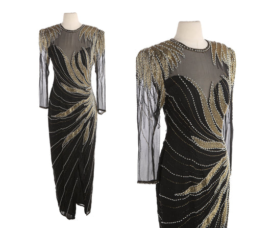 Vintage Women's Black Sequin Dress with Golden and Faux Pearl Bead Designs by Sho Max Originals/ Estimated Era 80s - 90s