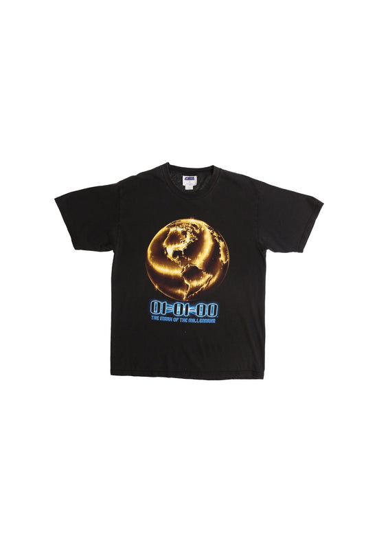 Vintage y2k year 2000 graphic t-shirt shirt golden globe the mark of the millennium black 01-01-00